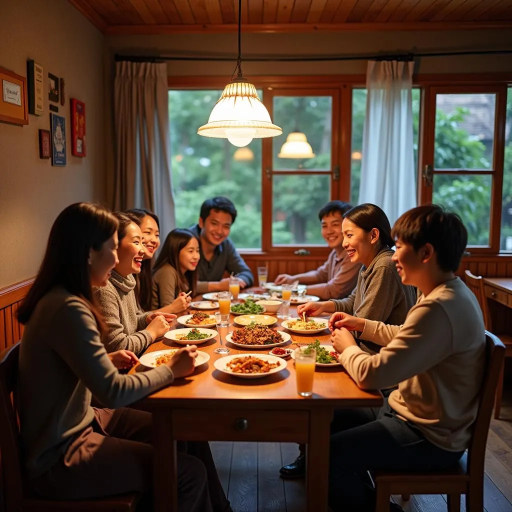 Family enjoying a meal at a restaurant in Sapa