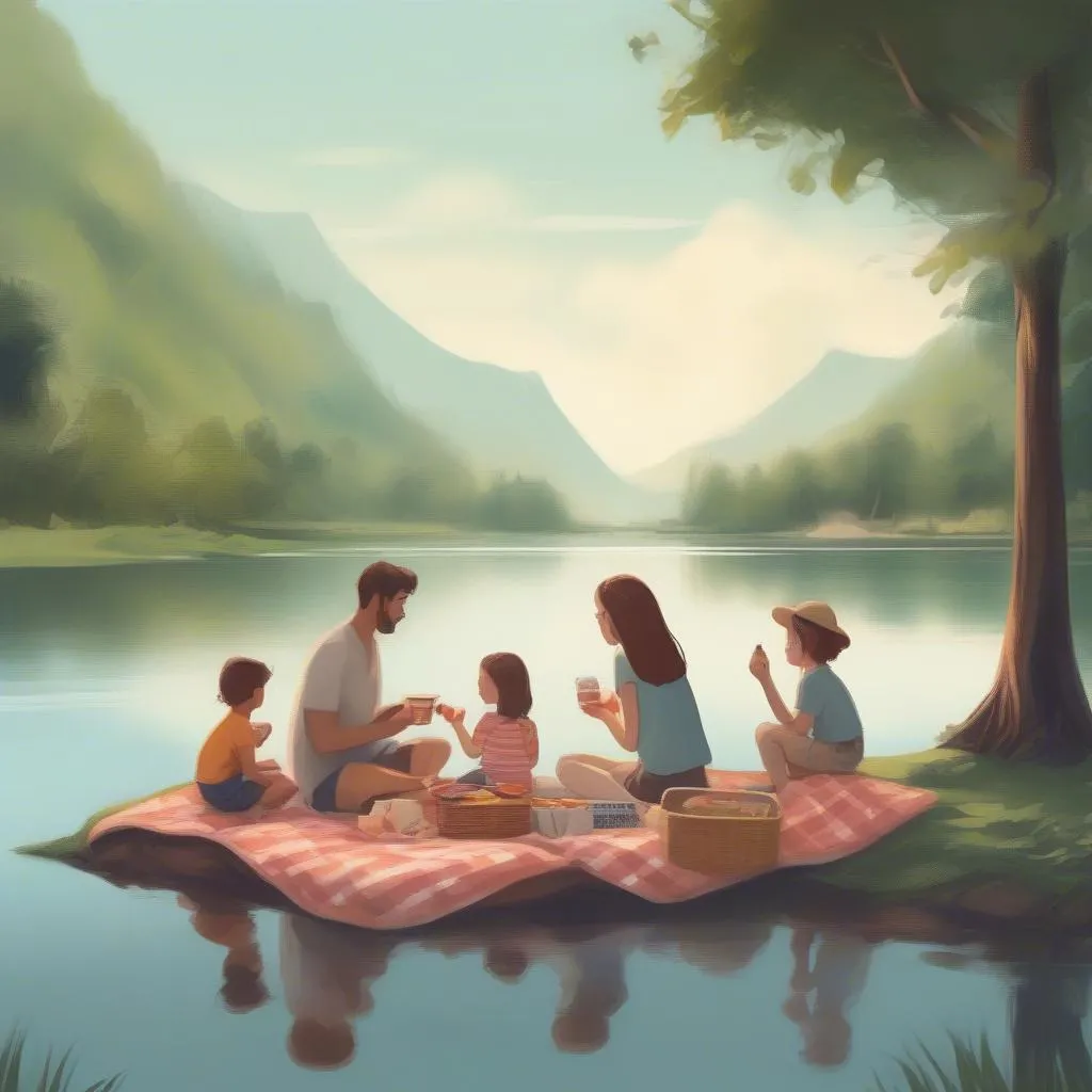 Peaceful Family Picnic at a Secluded Lake