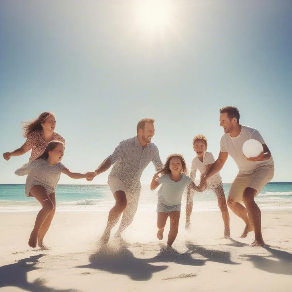 Family playing on a sunny beach in Puerto Rico