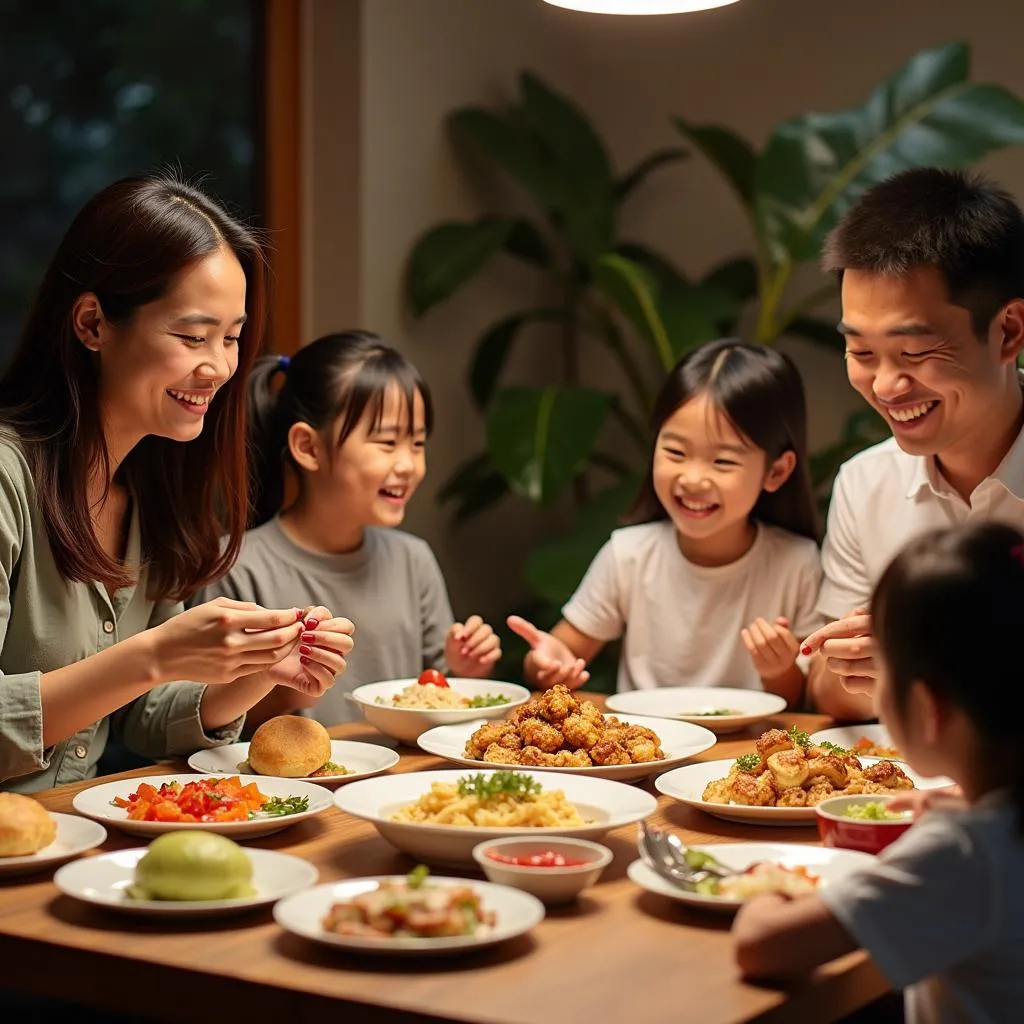 A Vietnamese family enjoying a traditional meal together during the Reunification Day holiday