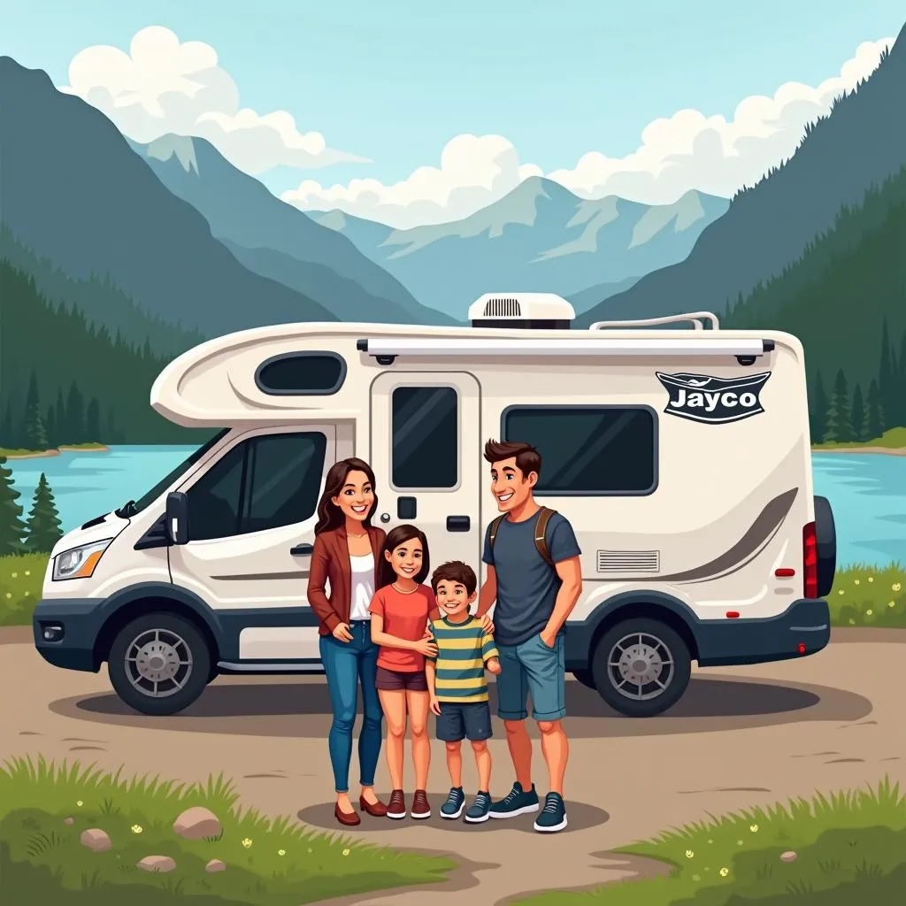 Happy family standing in front of their Jayco travel trailer