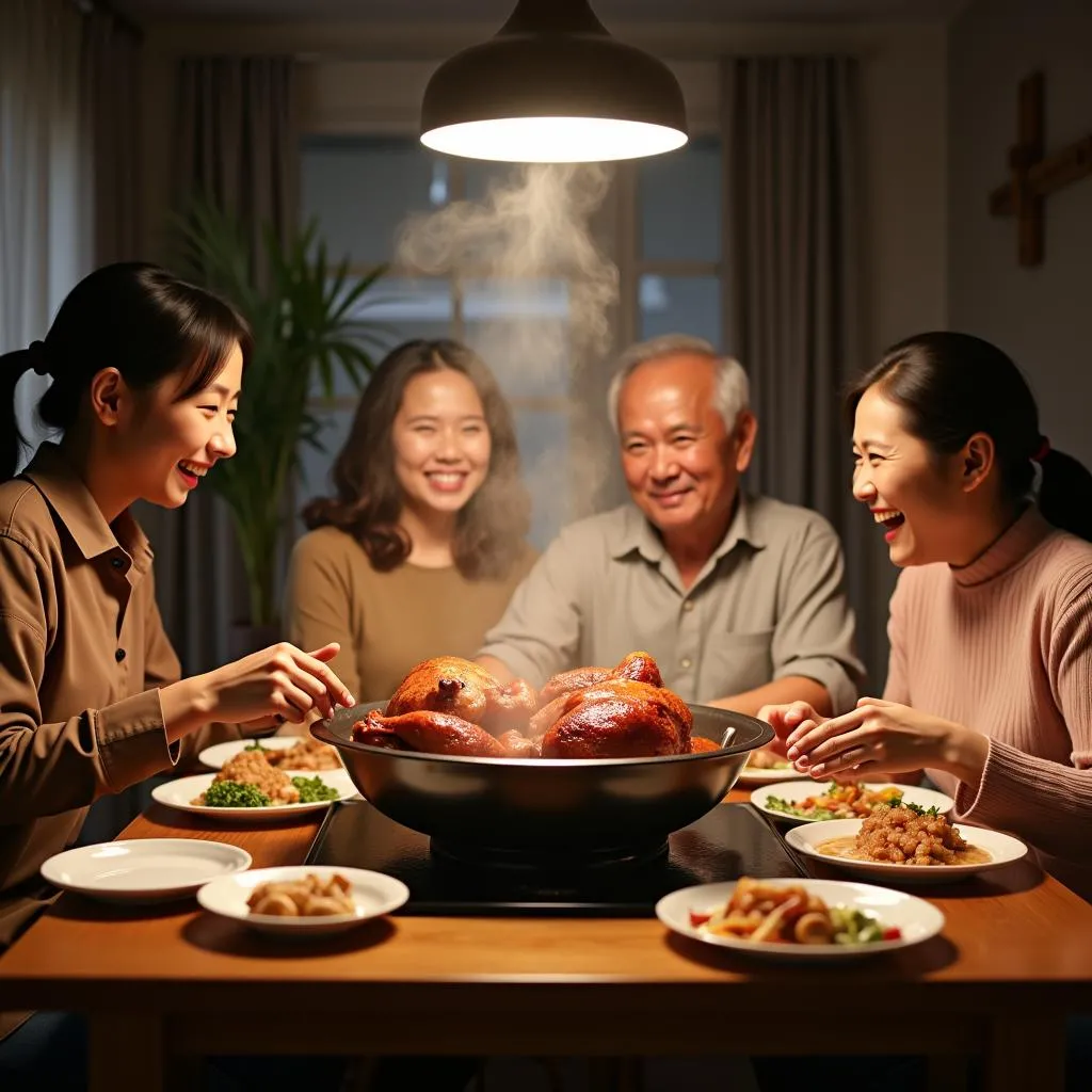 A Vietnamese family gathered around a table enjoying duck hot pot