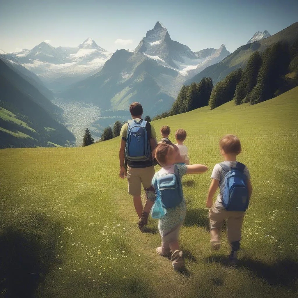 A family with young children hiking on a well-maintained trail against the backdrop of the Swiss Alps