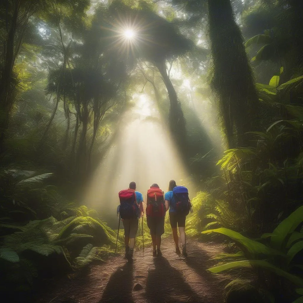 Family hiking through rainforest in Costa Rica