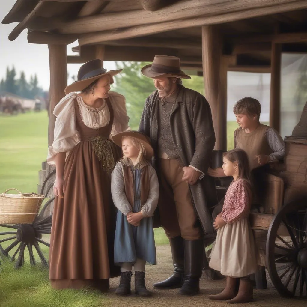 Family interacting with costumed interpreter at a living history museum