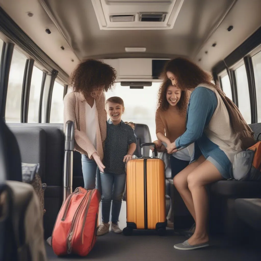 Family packing luggage into a bus