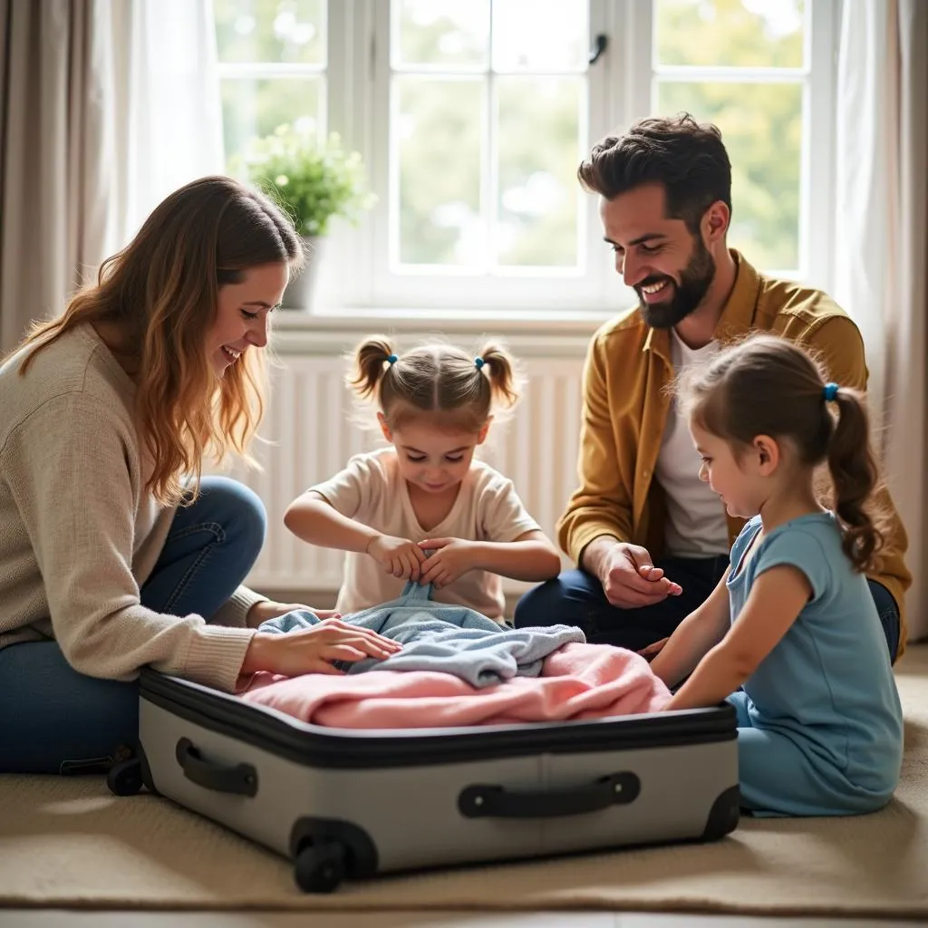 Family preparing for a trip, packing clothes into suitcases