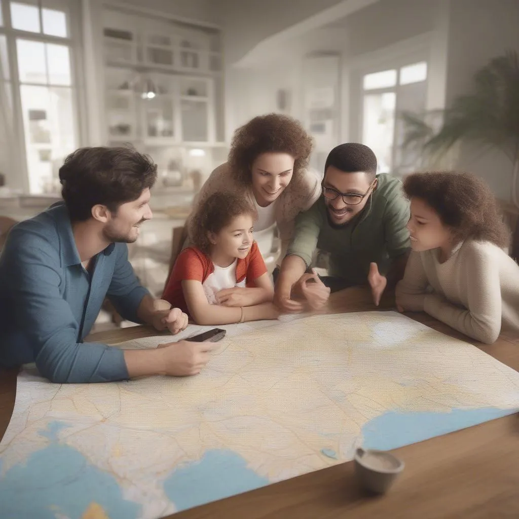 Family planning their next vacation using a map