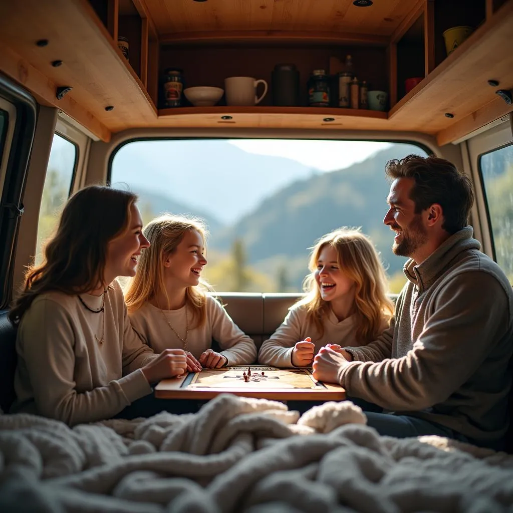 Family enjoying board games inside their van