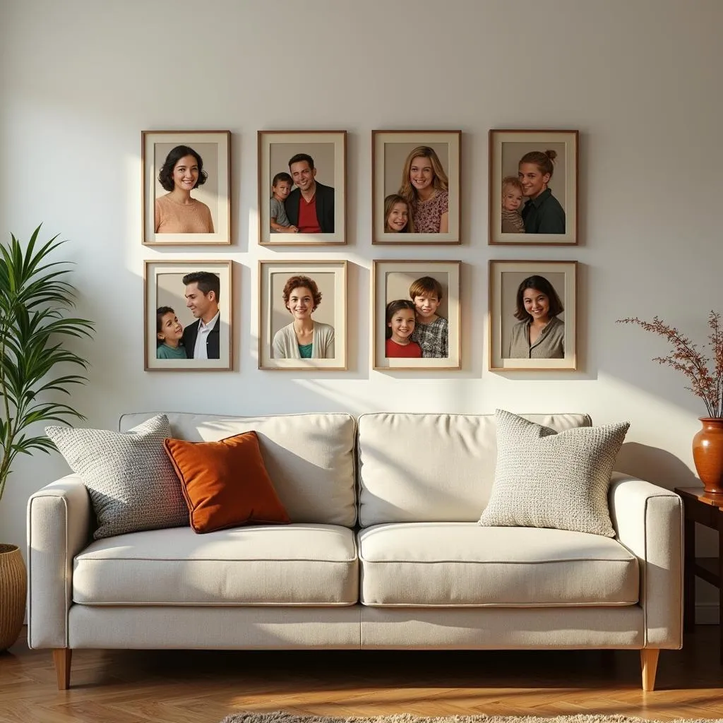 A colorful gallery wall showcasing family portraits