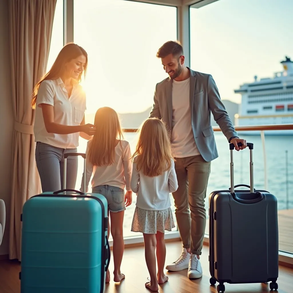 Family packing luggage for a cruise trip