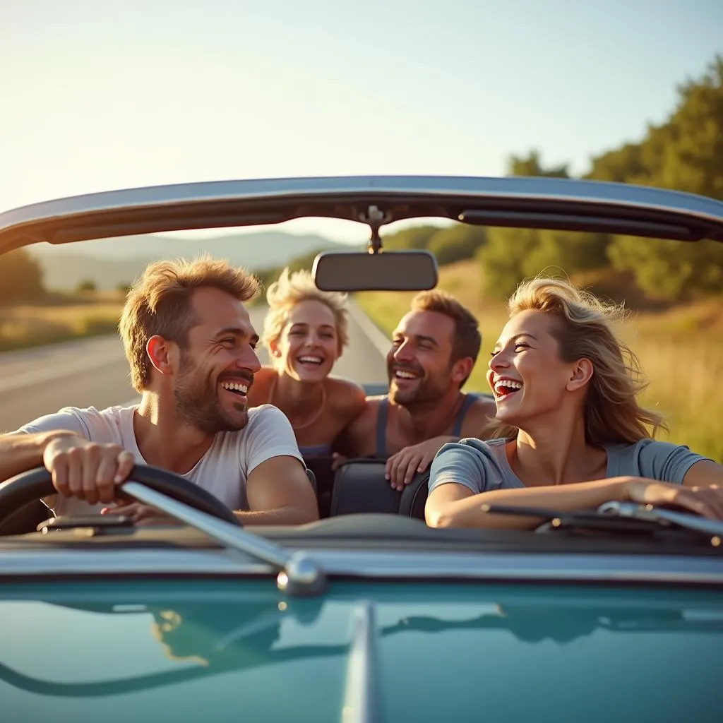 Happy family enjoying a road trip in a convertible car