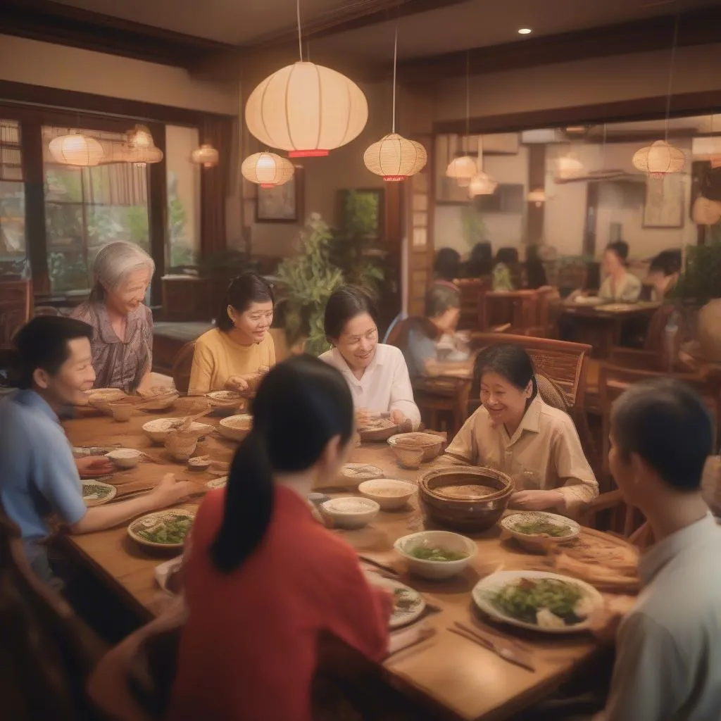 A bustling family-run Vietnamese restaurant with patrons enjoying their meals.