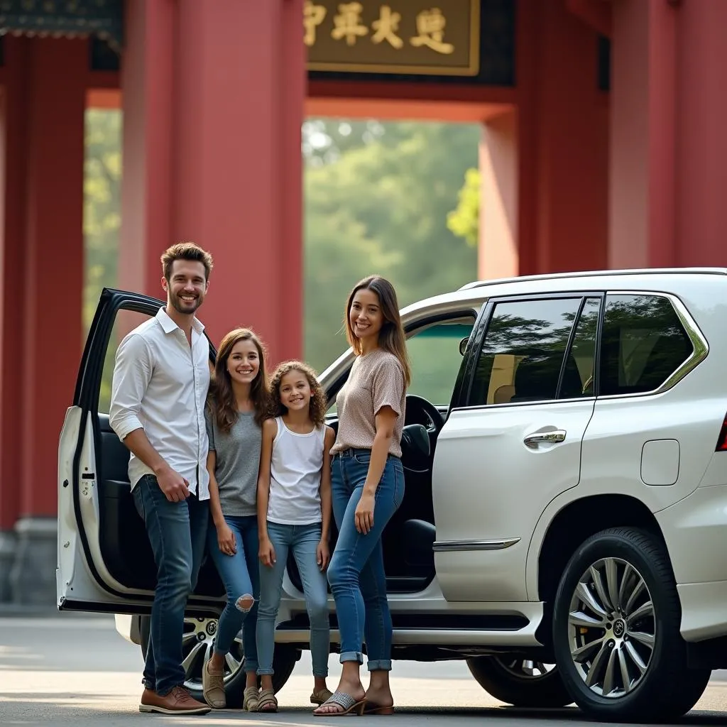 Family exiting a Lexus 570 at the Temple of Literature