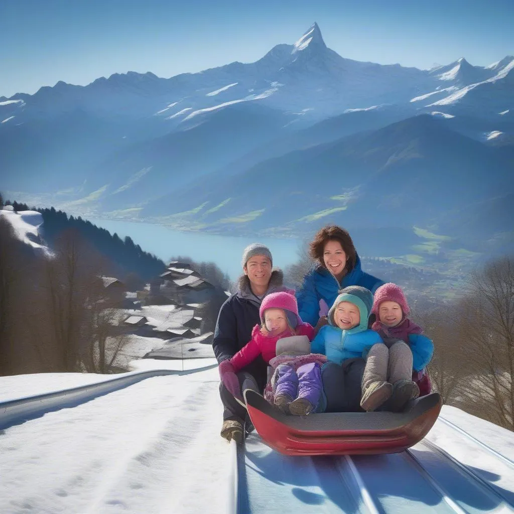 Family Tobogganing in Swiss Alps