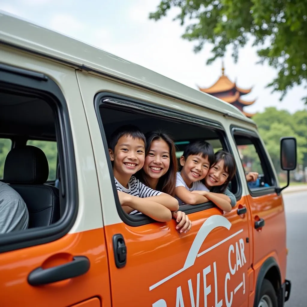 Family traveling in Hanoi in a TRAVELCAR vehicle