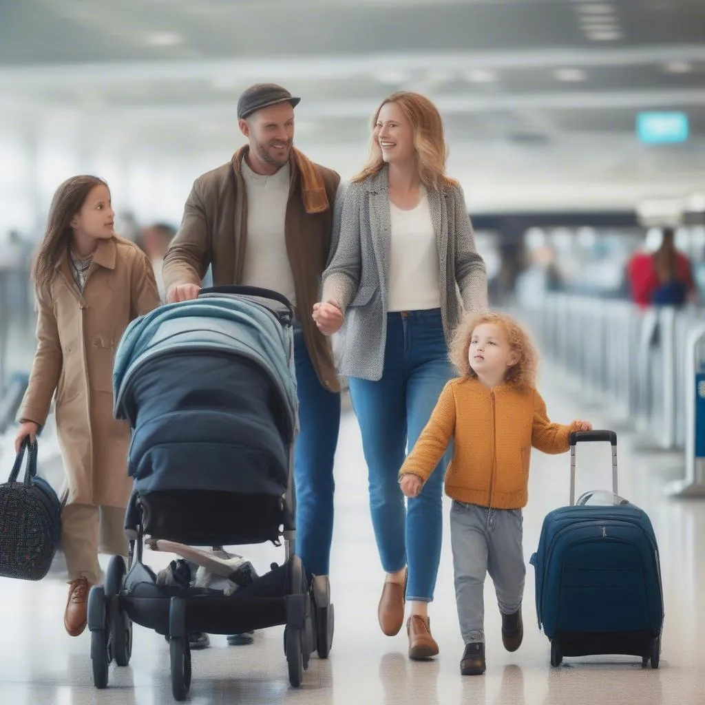 Family navigating airport with a car seat