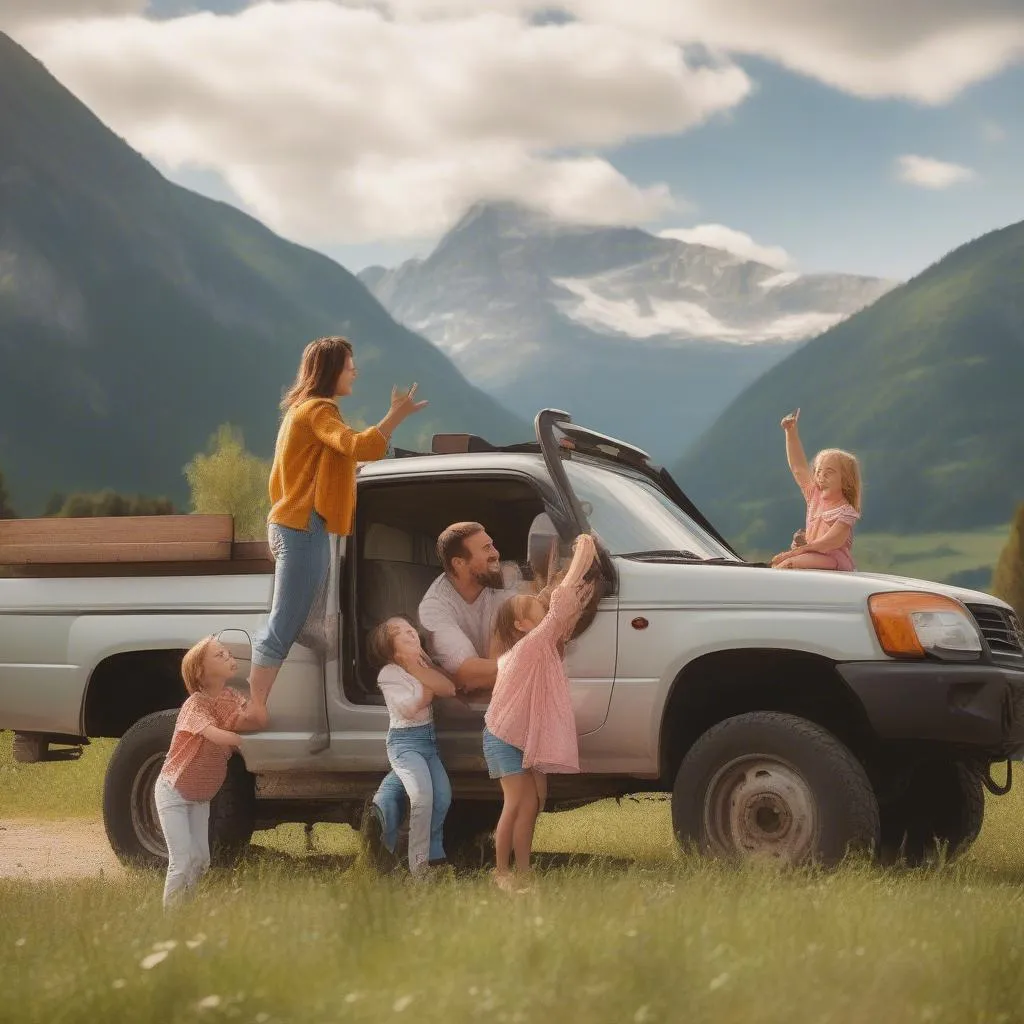 A family on a road trip in their truck, enjoying the scenery.