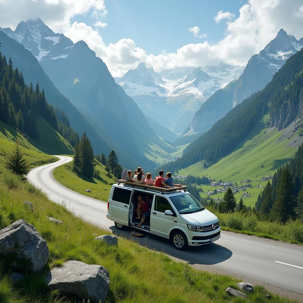 Family van on scenic mountain road