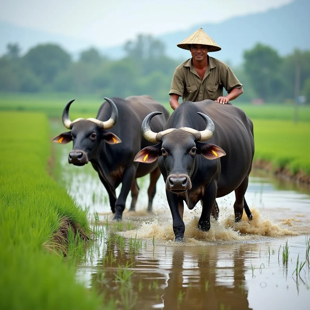 Farmer Plowing Field with Water Buffalo