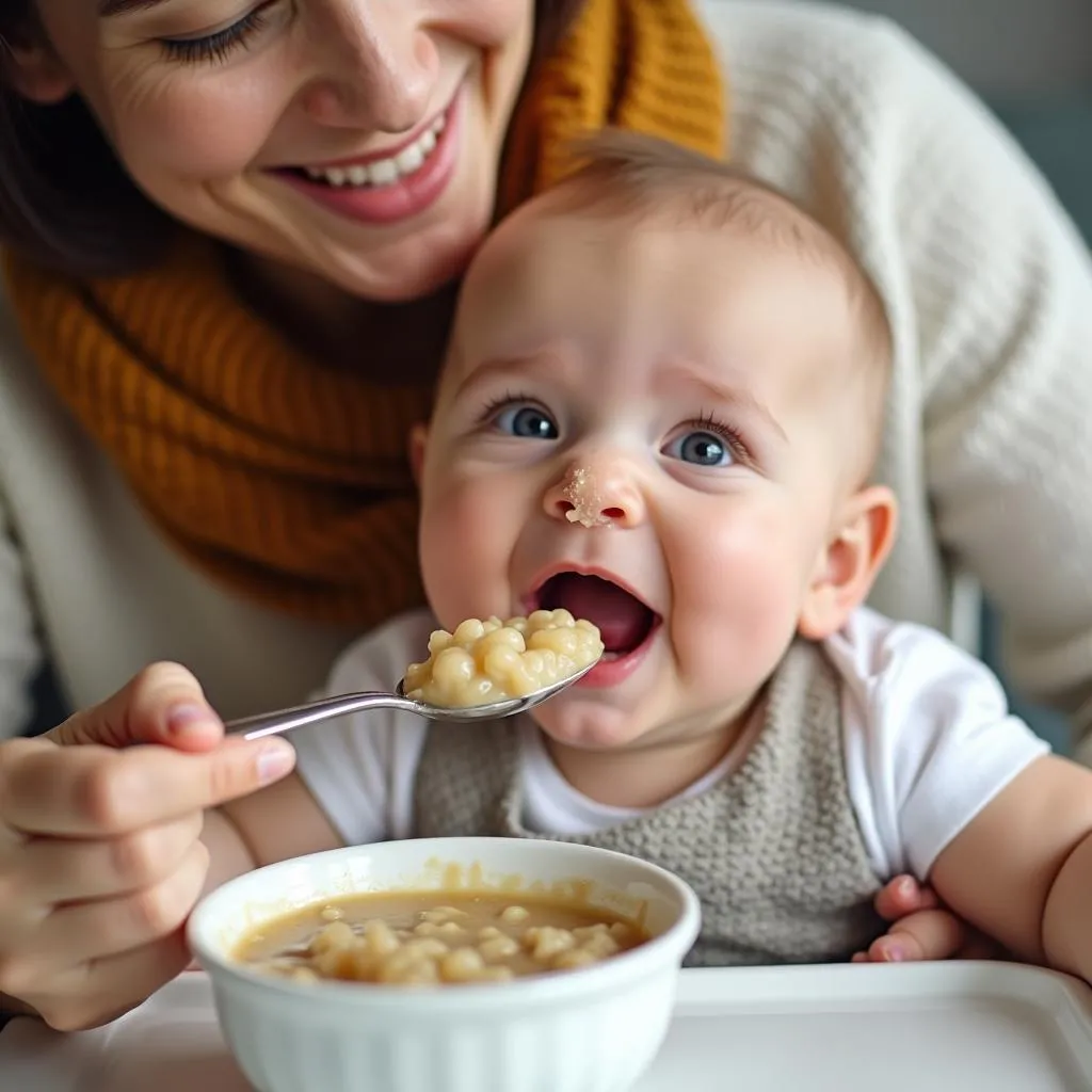 Parent feeding baby with a runny nose