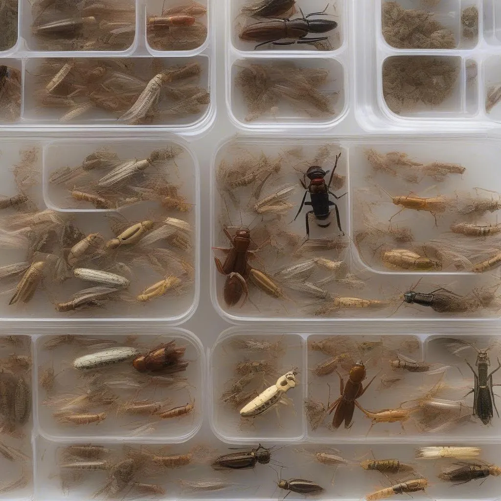 A frog feeding container filled with crickets, mealworms, and other insects