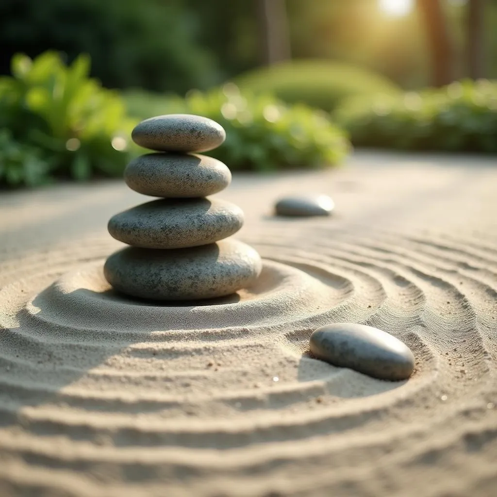 Zen garden with sand ripples and stones