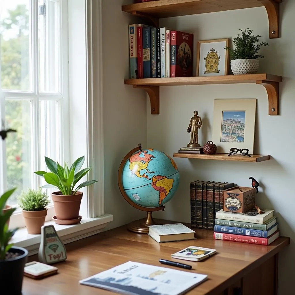 Travel-themed corner with globe and souvenirs