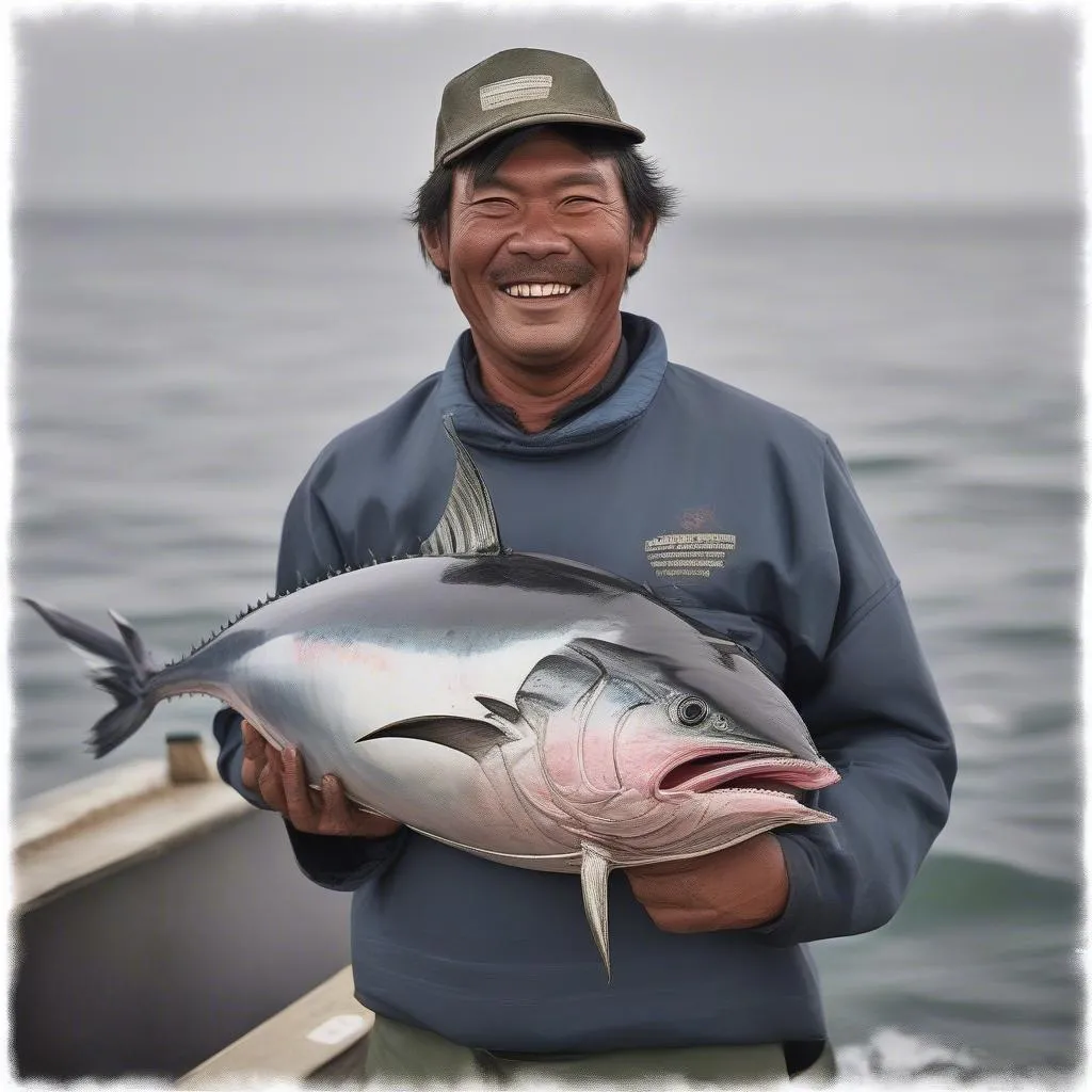 Fisherman holding bluefin tuna