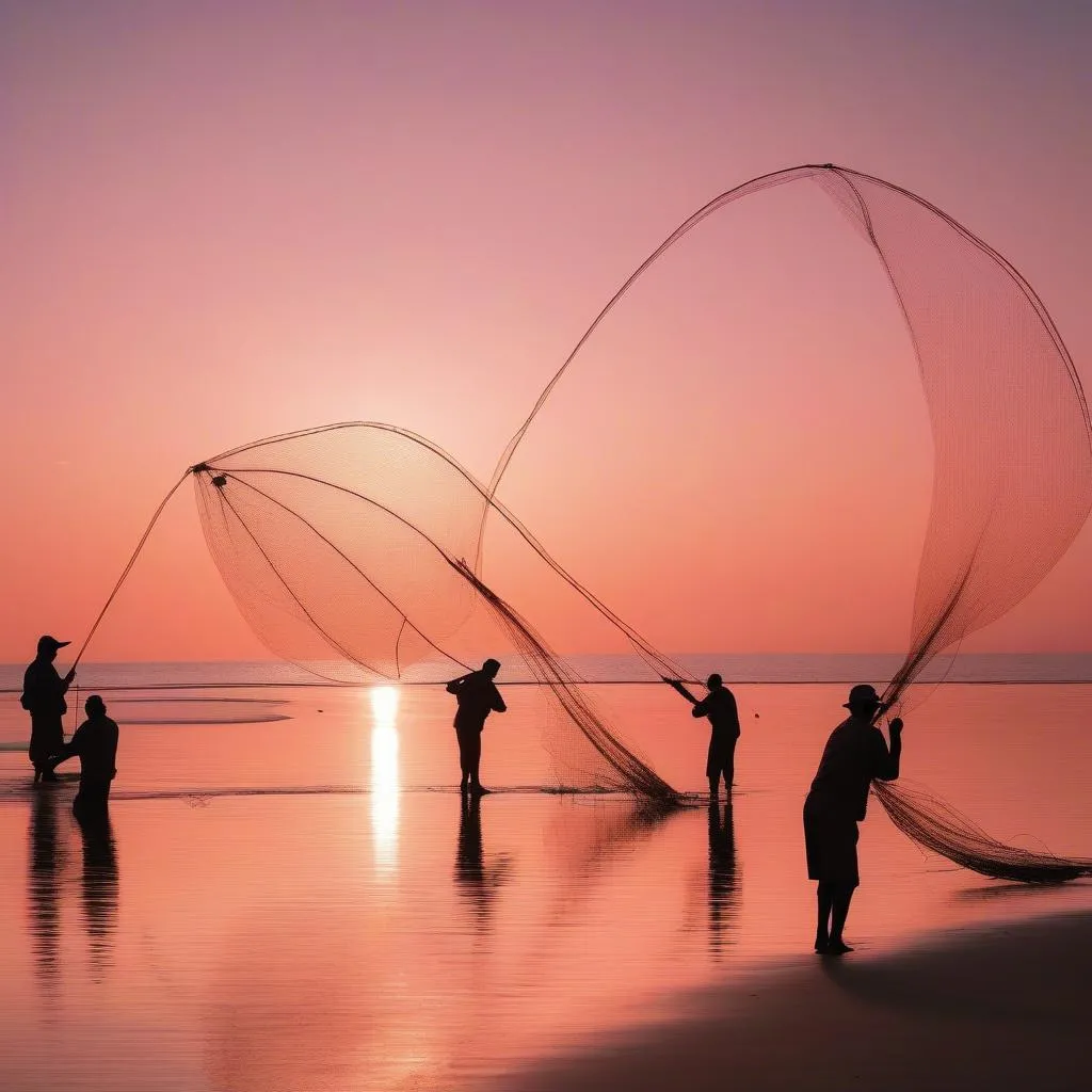 Silhouettes of fishermen casting nets at dawn