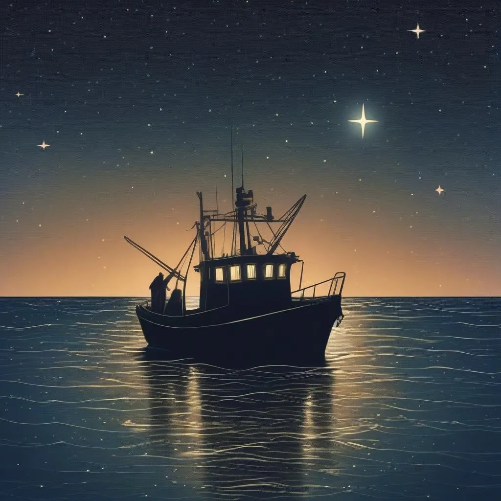 Fishing Boat on the Pacific Ocean at Night