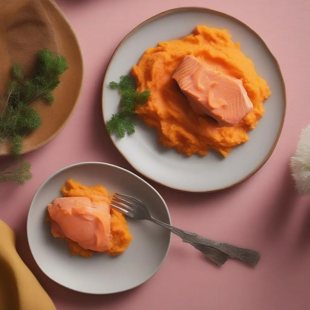 Salmon and sweet potato mash on a plate