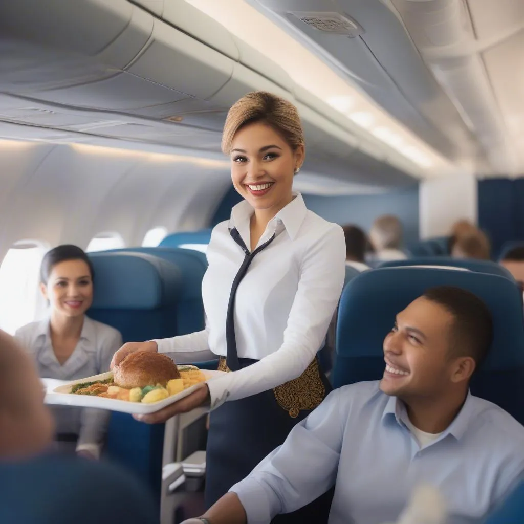 flight-attendant-serving-food-on-airplane