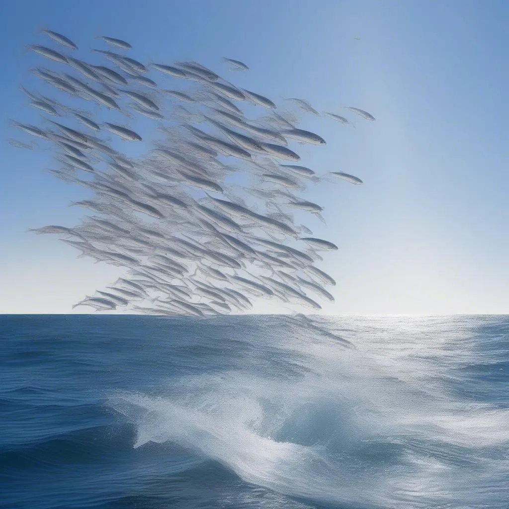 Flying fish gliding above the ocean surface