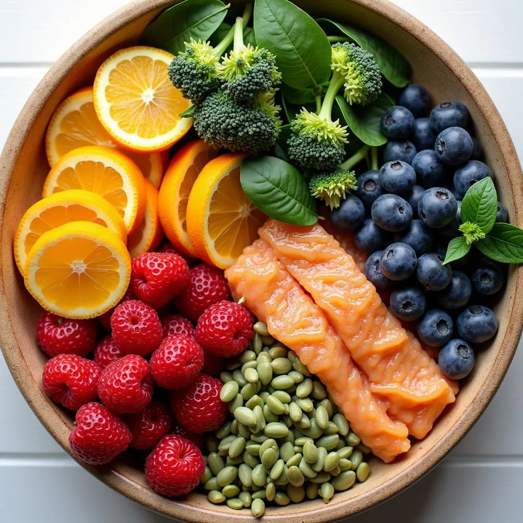 A vibrant assortment of fruits, vegetables, and lean proteins beneficial for scar healing.