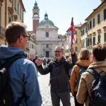 Tourists and a tour guide on a free walking tour in Europe