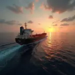 Freighter ship sailing on the ocean at sunset