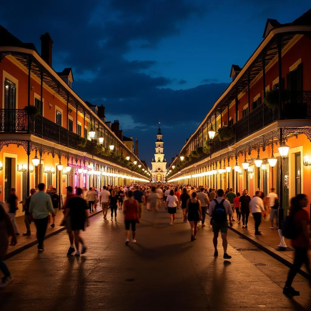 The vibrant French Quarter lit up at night.