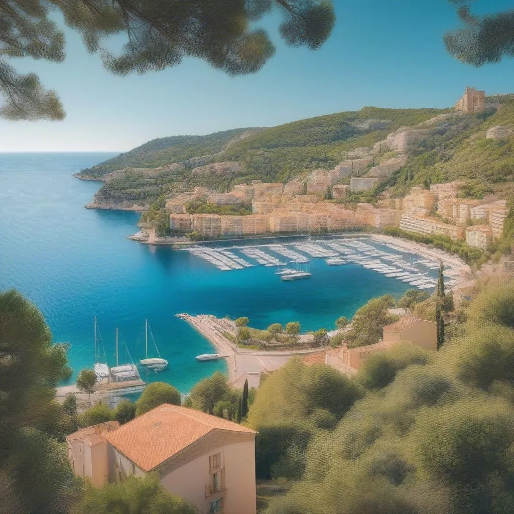 A view of the French Riviera coastline with turquoise waters and colorful buildings