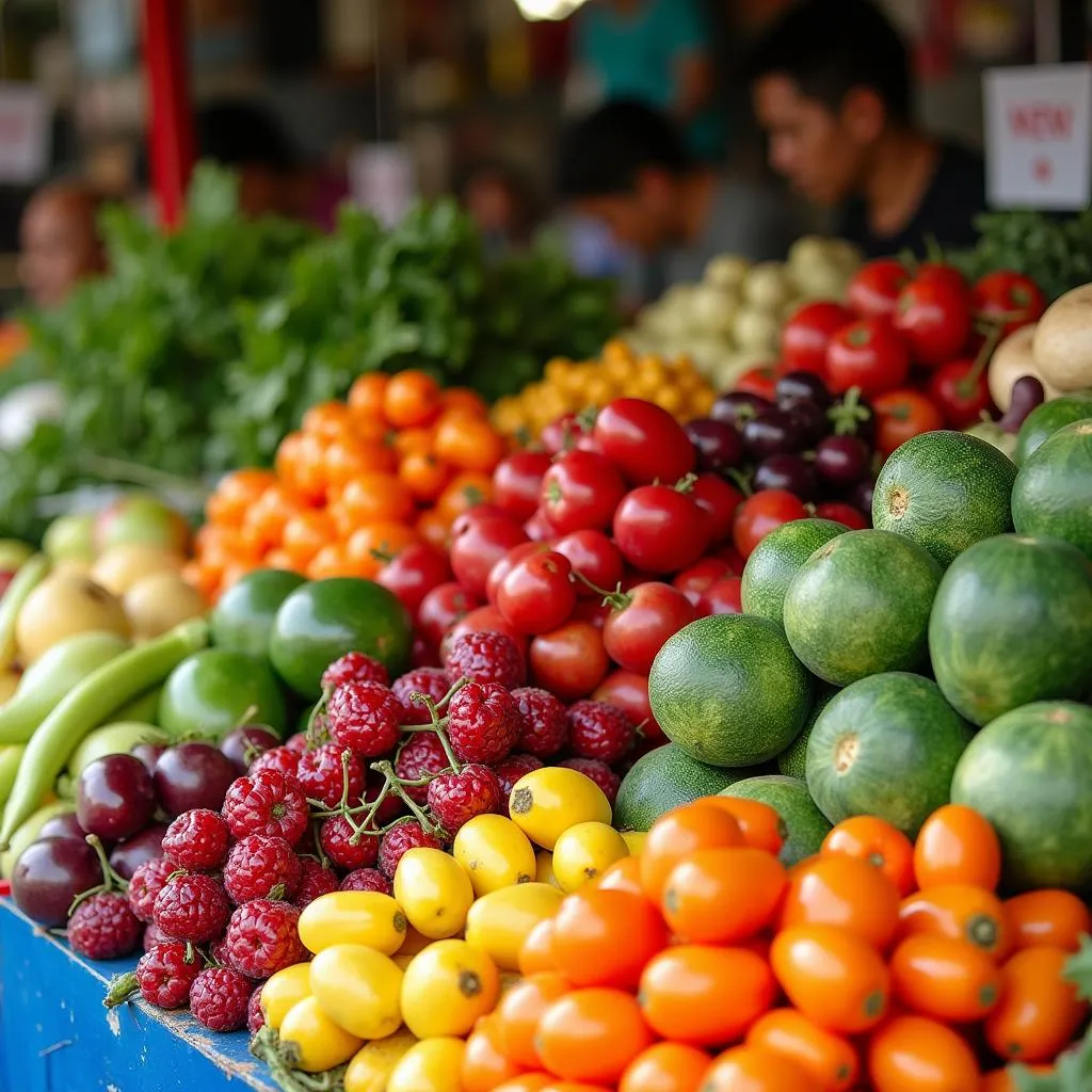 Fresh fruits and vegetables displayed in a Hanoi market