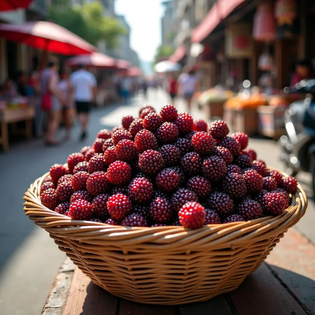 Basket of fresh mulberries at a local market in Hanoi