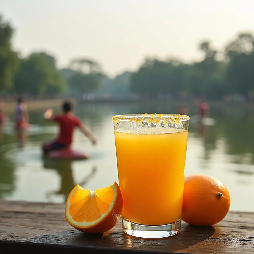 Glass of fresh orange juice by Hoan Kiem Lake