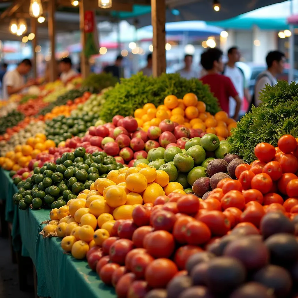 A vibrant display of fresh produce at Dong Xuan Market.