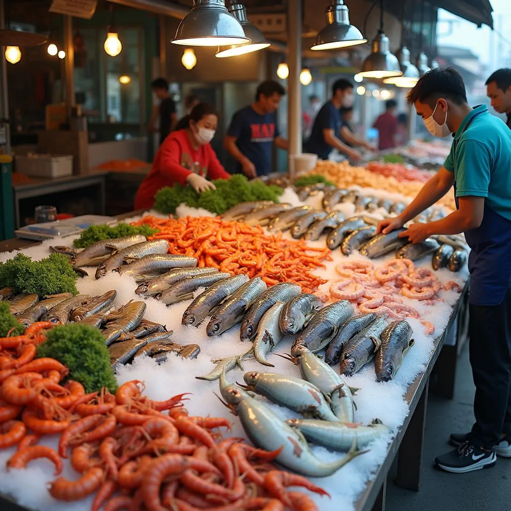 Colorful display of fresh seafood at Hanoi market