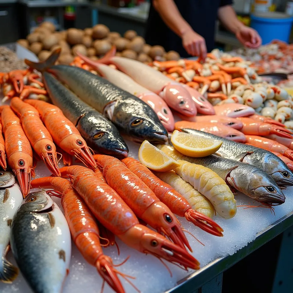 A variety of fresh seafood displayed at a bustling market in Hanoi