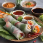 A platter of colorful fresh spring rolls with a variety of dipping sauces.