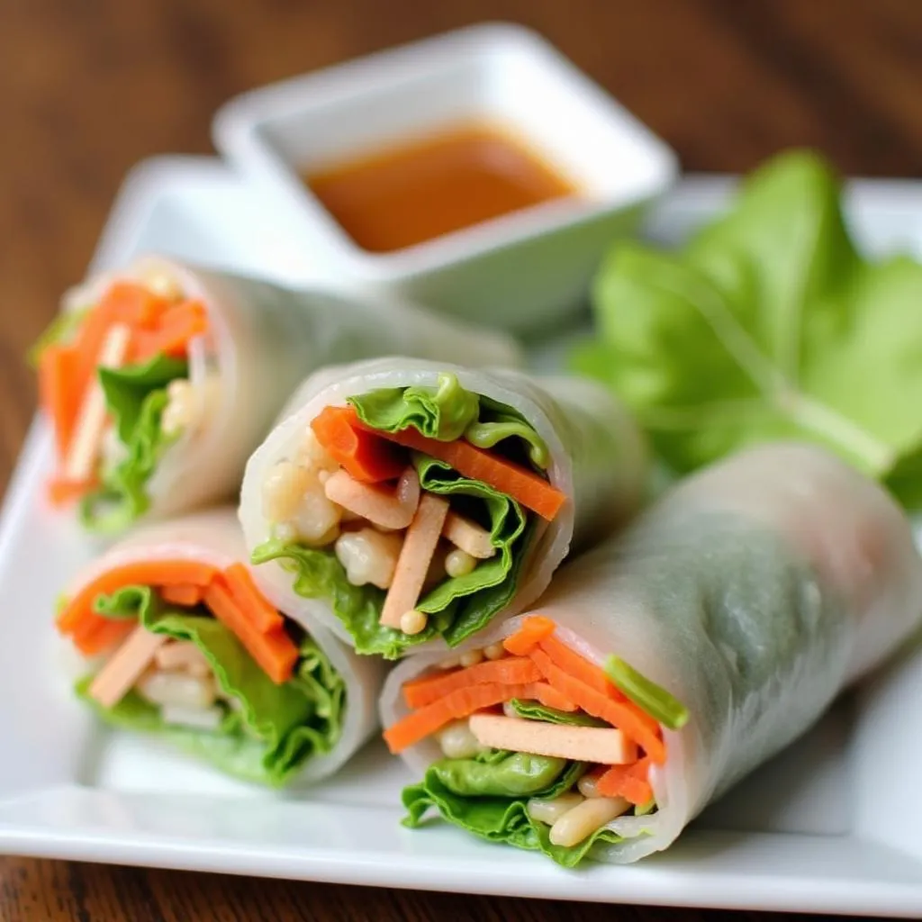 Plate of fresh Vietnamese spring rolls with peanut sauce