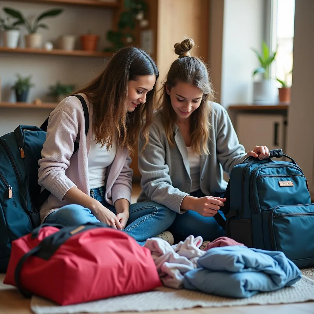 Two friends packing backpacks for a trip