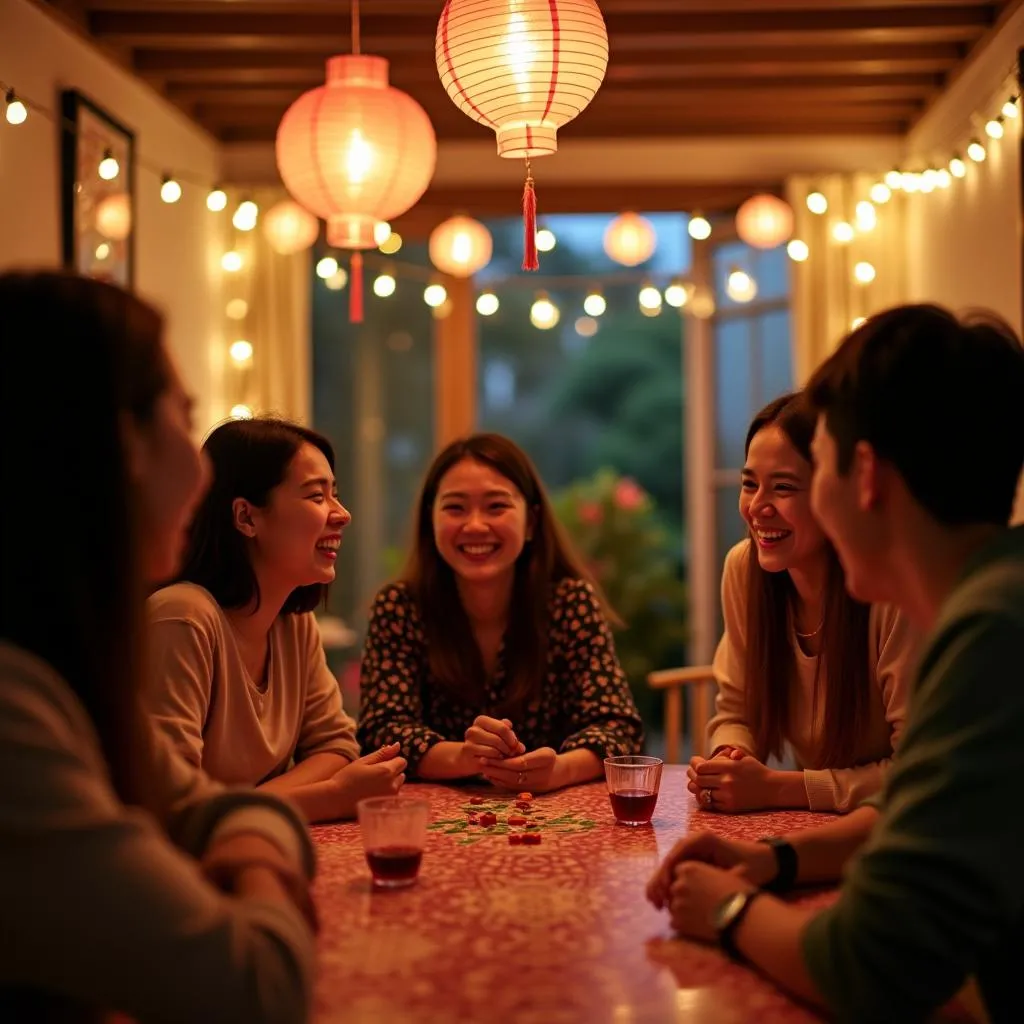 Group of friends playing musical games in a Hanoi home