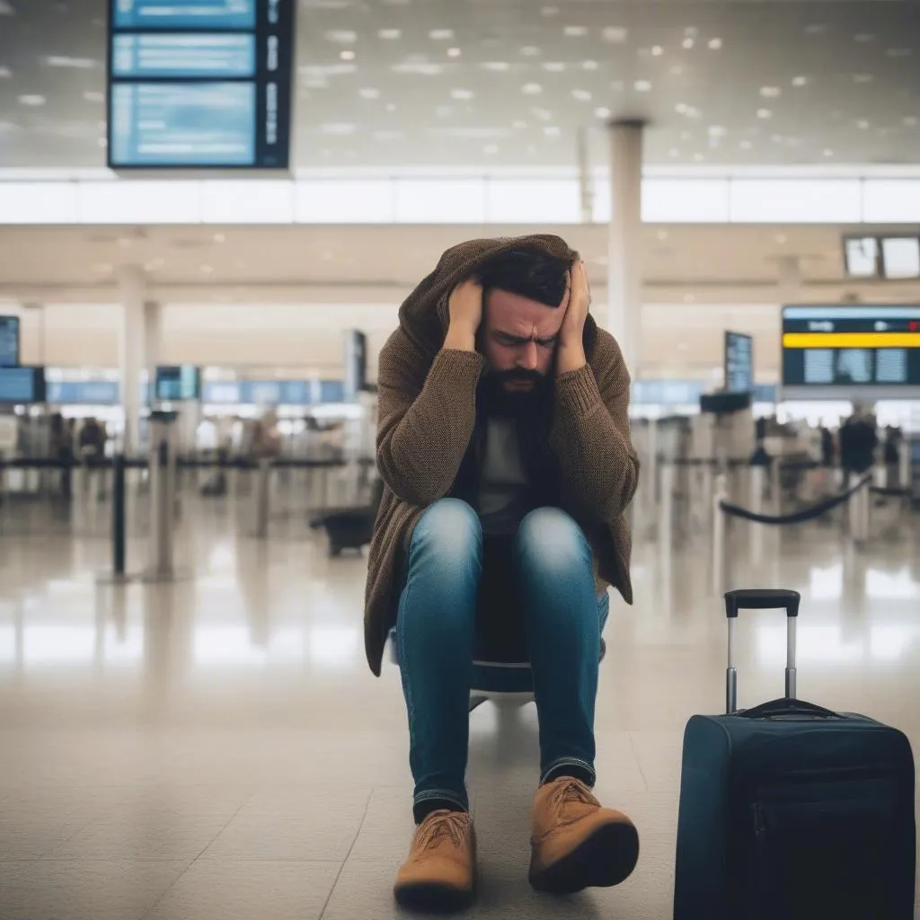 Traveler looking stressed at the airport